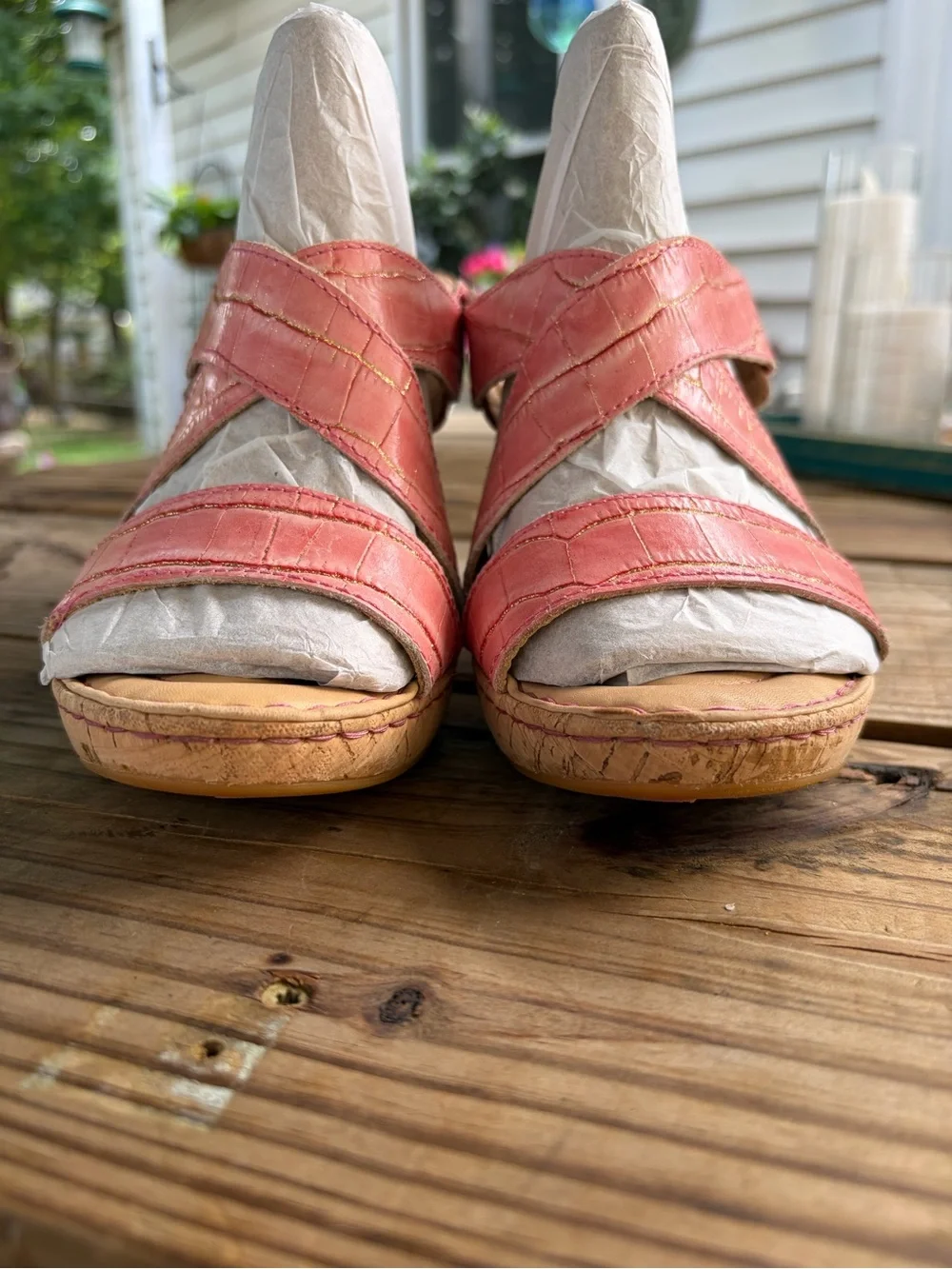 Born Coral and Cream Leather Cork-Stack Heel Mules - Picture 6 of 7